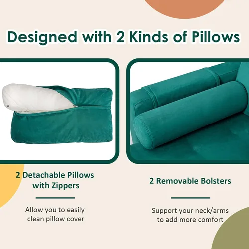 Vista 6 de KOMFOTT Sofá de dos plazas, tapizado para sala de estar, asientos de dos plazas modernos con 2 almohadas de refuerzo, bolsillo para revista, sofá