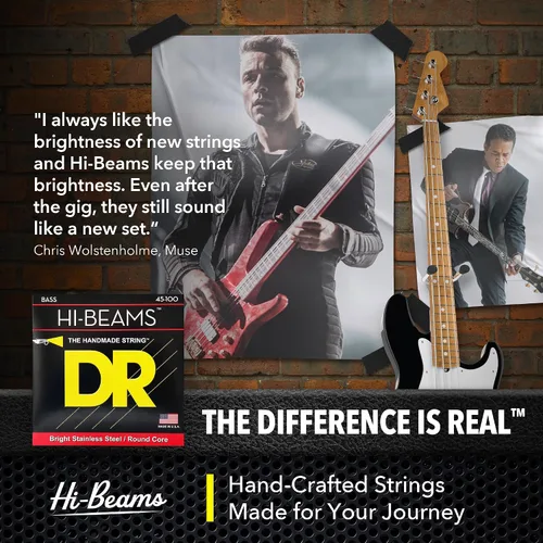 Vista 3 de DR Strings HI-BEAMS – Cuerdas de bajo de acero inoxidable de 5 cuerdas, 45-125, núcleo redondo (MR5-45)