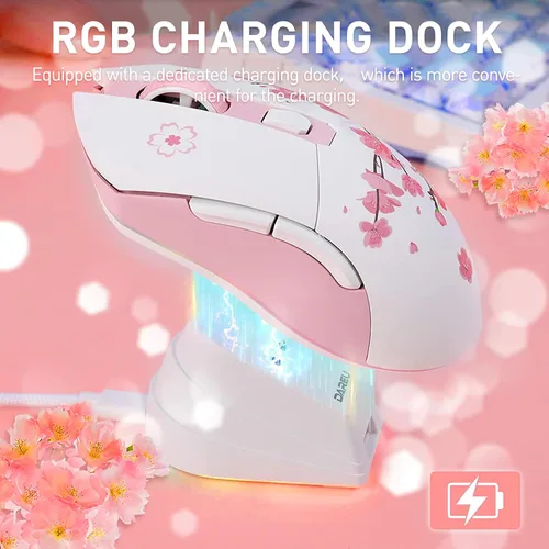 Vista 6 de DAREU Ratón inalámbrico Sakura rosa para juegos con base de carga recargable RGB, DPI de 12K, 6 botones programables con sensor de alta precisión