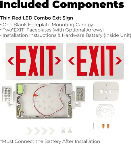 Vista 9 de LFI Lights Thin COMBO UL 924 Listed, LED rojo, señal de salida con luces de emergencia, blanco, 120-277 VCA cableada con batería de respaldo, doble
