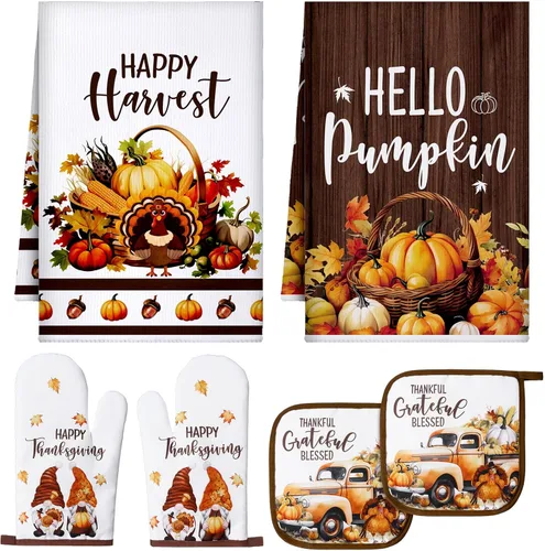 Vista 10 de Bencailor - Juego de 6 manoplas de cocina de otoño para ollas y guantes de horno, guantes de horno de calabaza azul, soportes para ollas de cosecha