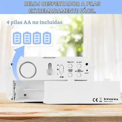 Vista 5 de Reloj despertador, reloj digital, modo nocturno automático, brillo LED de 3 niveles, funciona con pilas, 12/24 horas, pantalla de dígitos rojos