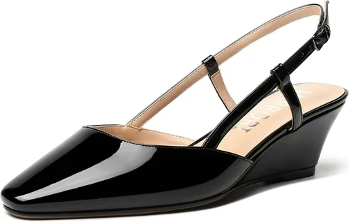 Vista 21 de MERRORI Zapatos de tacón bajo de cuña con hebilla y punta cuadrada para mujer, de patente sólida, de 2 pulgadas Beige