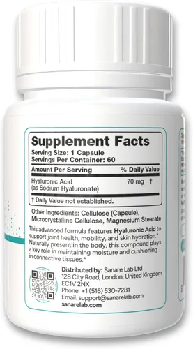 Vista 2 de Ácido hialurónico 70 mg – 60 cápsulas veganas Apoya la movilidad de las articulaciones, hidratación de la piel y amortiguación de tejidos Sin