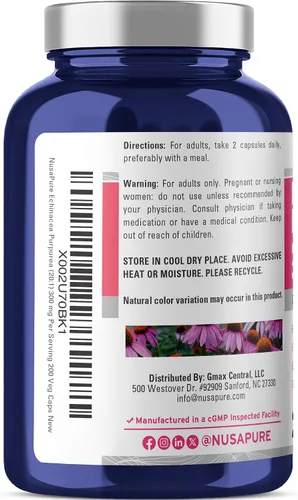 Vista 3 de NusaPure Echinacea Goldenseal, 400 mg, 300 cápsulas vegetales (sin OMG, vegano)