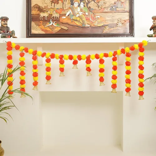Vista 7 de Toran de lirio de caléndula de 5 pies Toran colgante de puerta Thorans indio Guirnalda de flores artificiales Pooja Mandir, puerta, decoración