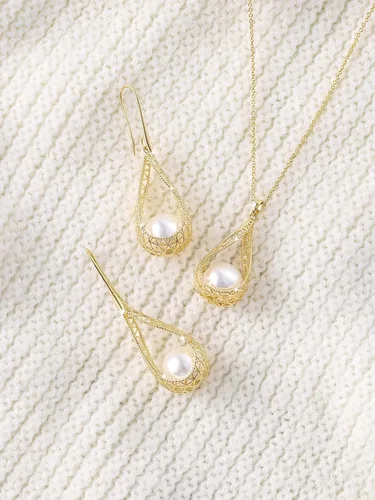 Vista 5 de Juego de collar y aretes de perlas grandes de 0.551 in para mujer, conjunto de joyas chapadas en oro