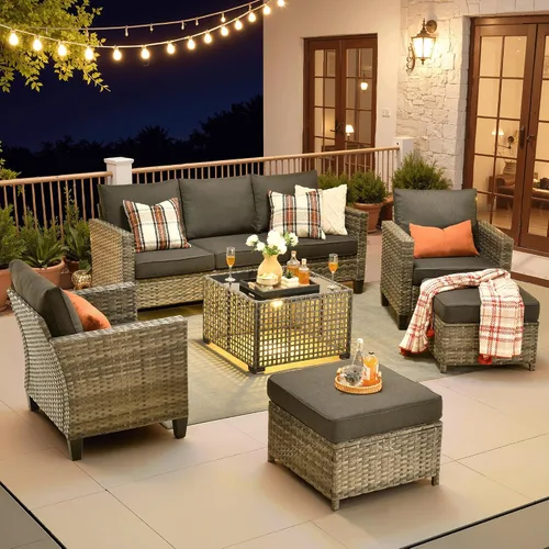 Vista 16 de ovios Juego de muebles de patio de 4 piezas con sofá de exterior, luces solares, mesa, cojines cómodos, sofá de conversación de mimbre de ratán