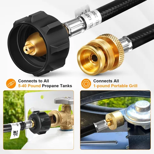 Vista 3 de GasSaf Manguera de Propano de 4 Pies, Manguera Adaptadora de Propano Conexión de Tanque de 1 lb a 20 lb para Parrillas Weber Q, Planchas Blackstone