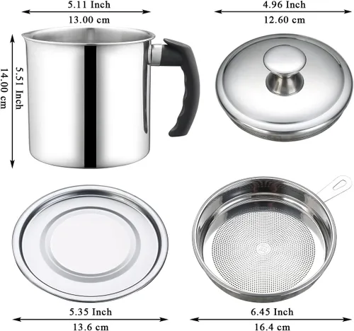 Vista 2 de Berglander Recipiente de grasa de tocino con colador de 47 oz/1.4 L, recipiente de almacenamiento de aceite de acero inoxidable con filtro de malla