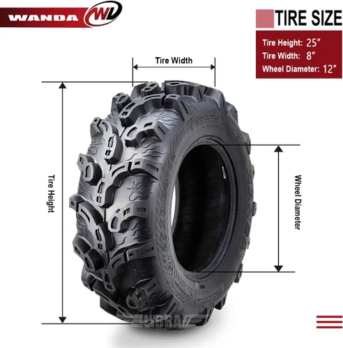 Vista 5 de WANDA Juego de 4 neumáticos Premium ATV/UTV 25x8-12 25x8x12 delanteros y traseros Super Lug Mud