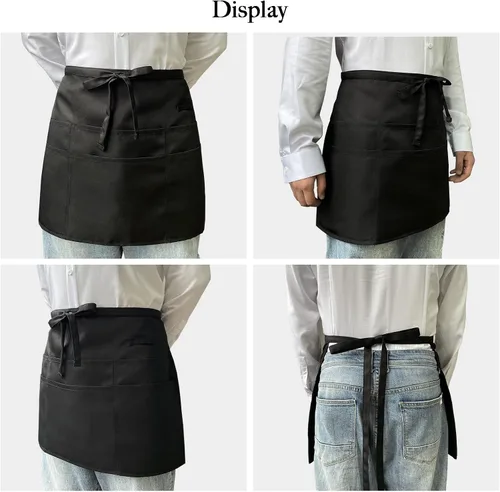 Vista 5 de Delantales de servidor negros con 6 bolsillos, delantal de cintura para camarero unisex, peluquero y limpiador