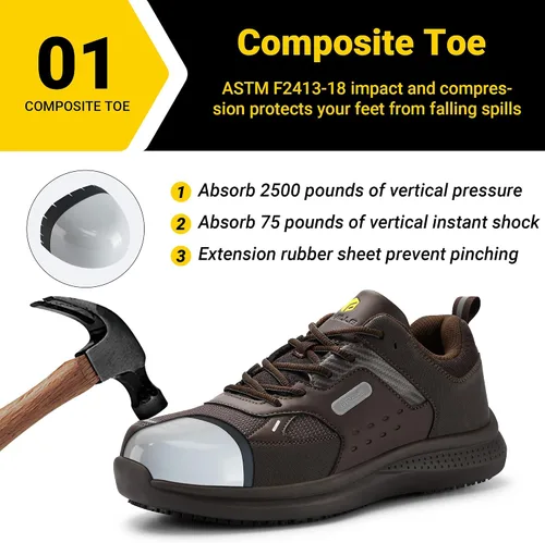Vista 3 de FitVille Zapatos de punta de acero extra anchos para hombres, zapatos de trabajo con punta compuesta para hombres, resistentes al agua