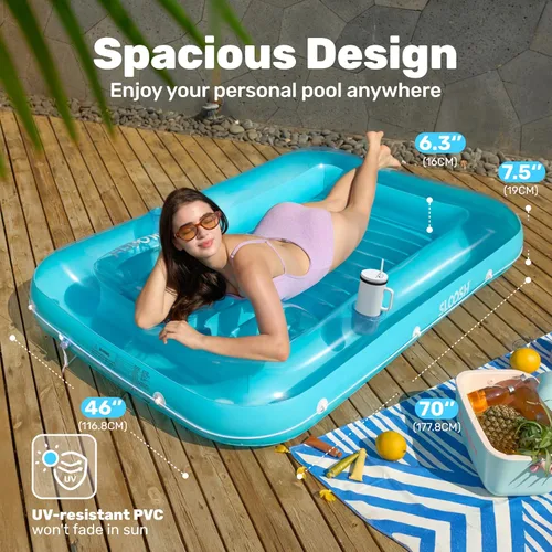 Vista 2 de SLOOSH Flotador inflable, camastro para adultos, con almohada, 178 x 117 cm, 4 en 1: balsa-tina bronceadora, camastro para tomar el sol, fiestas Azul