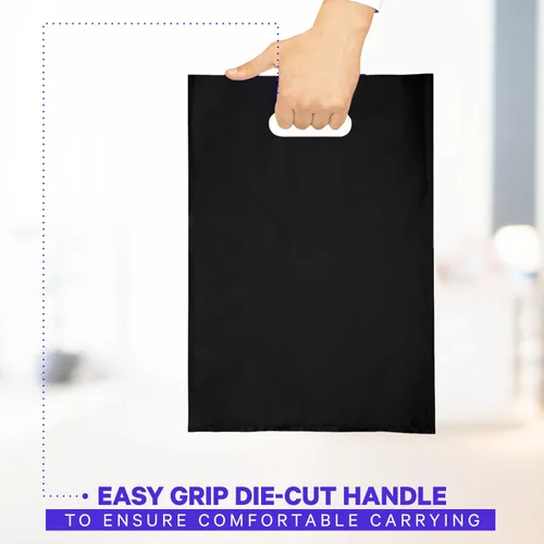 Vista 3 de Infinite Pack Bolsa de plástico con asa troquelada de 9 x 12 pulgadas, bolsas de plástico negro para mercancía, paquete de 100 unidades para venta