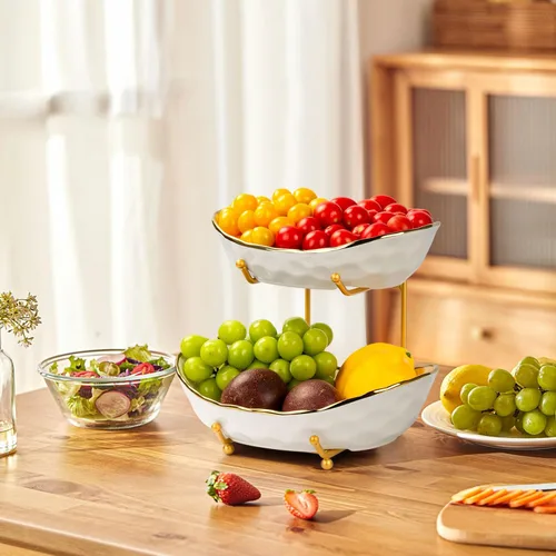 Vista 8 de Frutero para encimera de cocina, cesta de frutas de cerámica de dos niveles, soporte para frutas y verduras frescas, bandejas modernas para servir