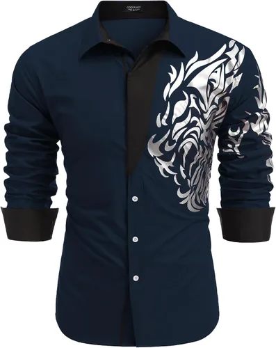 Vista 8 de COOFANDY Camisa de vestir con botones y estampado para hombre, camisas casuales de manga larga 02-blanco (Tiger)
