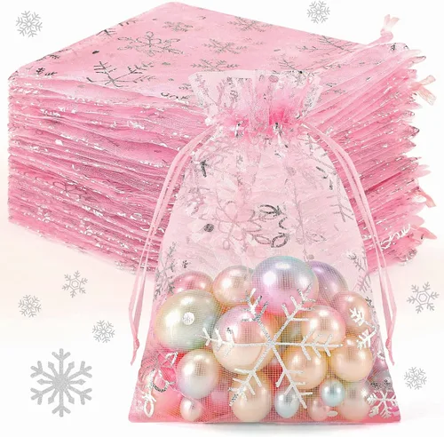 Vista 10 de Roowest 100 bolsas de regalo de organza con copos de nieve de 4 x 6 pulgadas, pequeñas bolsas de malla para joyas, mini cordón para dulces, bolsas