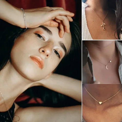 Vista 2 de Honsny Gargantilla en capas para mujeres y niñas, con monedas, luna, estrella, gargantilla multicapa, cadena de oro, juego de collar ajustable