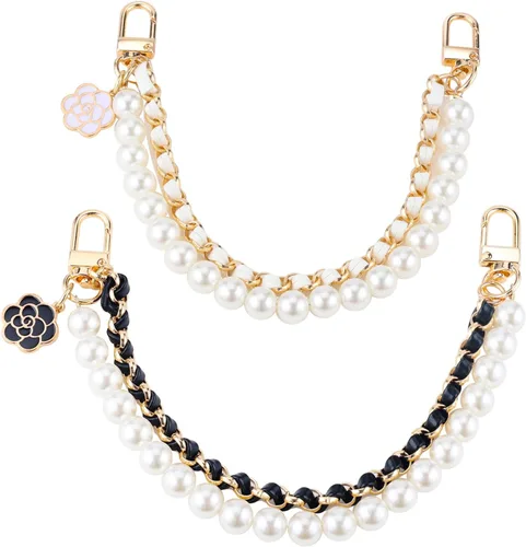 Vista 9 de 2 piezas de cadenas extensoras para bolsos de metal negro con perlas, dobles extensores de correa para bolsos, para bolsos de mano y bandolera