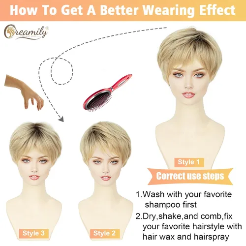 Vista 5 de Creamily Peluca corta rubia de corte Pixie con flequillo para mujer, pelucas sintéticas en capas onduladas con raíces oscuras para mujer, peluca