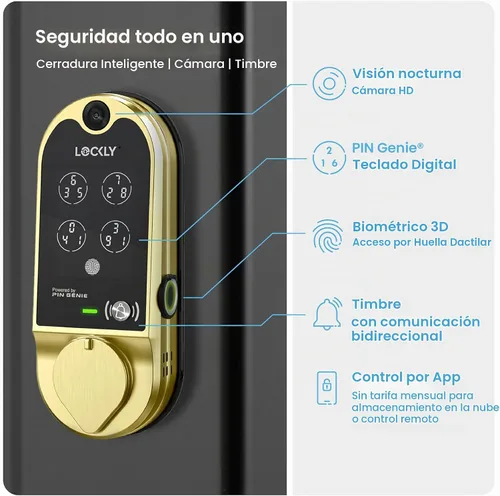 Vista 2 de Lockly Cerradura inteligente Vision con timbre de video HD Cerradura de puerta de huellas dactilares para puerta delantera, teclado de pantalla