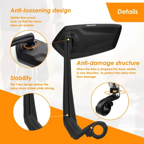 Vista 3 de Arkham Espejo de bicicleta para manillar, espejo retrovisor ajustable de bicicleta giratorio 360, espejo de bicicleta de vidrio HD a prueba