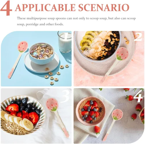 Vista 7 de Housoutil Juego de 2 cucharas de cerámica de fresa de mango largo con patrón de frutas para café, té, yogur, helado, cubiertos de cocina