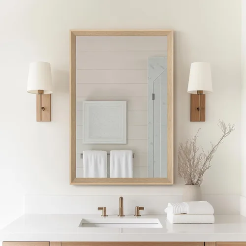 Vista 22 de Espejo de Pared Enmarcado con Efecto de Madera de Roble, Espejo Rectangular de 16x20, Vidrio Templado Anti-desplatado de 1/8", Marco Sostenible