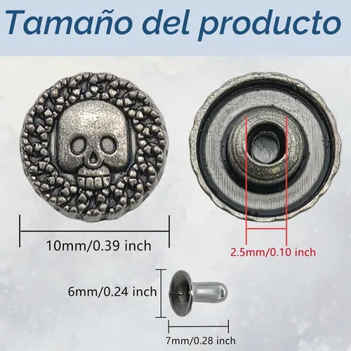 Vista 2 de 100 botones de calavera de metal, remaches de calavera, botones de decoración de cuero, remaches de metal para accesorios de bricolaje