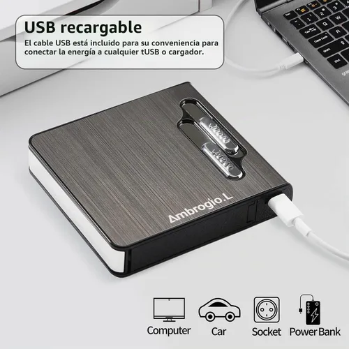 Vista 4 de Paquete completo de 20 cajas de cigarrillos regulares, soporte de expulsión automática con encendedor de arco doble, recargable por USB, sin llama
