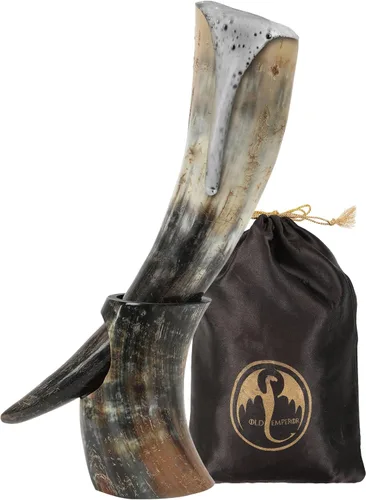 Vista 7 de OLDEMPEROR - Cuerno vikingo de 12 pulgadas con cuerno, taza de cerveza hecha a mano, grado alimenticio, buey genuino único con soporte de hierro