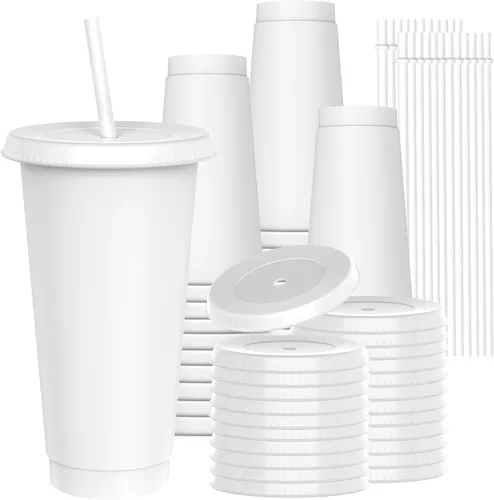 Vista 19 de Vasos de plástico de 24 onzas con tapas y pitillos, tazas de café helado resistentes y seguras para alimentos con tapa, vaso de plástico Negro