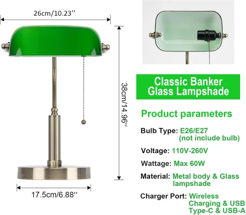 Vista 3 de FIRVRE Lámpara de Escritorio de Banco de Vidrio con Puerto de Carga Inalámbrica USB Lámpara de Escritorio LED Lámpara de Mesa con Cadena de Tirón