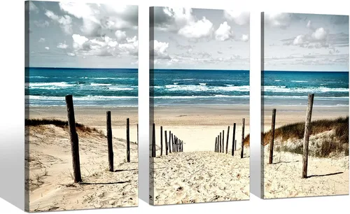 Vista 7 de Lienzo de playa costero para pared: tres piezas para dormitorio, imagen del océano, camino del océano, obra de arte de paisaje marino, pintura