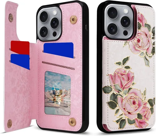 Vista 70 de UEEBAI Funda tipo cartera para iPhone 13 con tarjeteros, piel sintética, diseño floral, función atril, bloqueo RFID, doble cierre magnético, funda