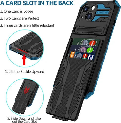 Vista 5 de UBeesize Funda para iPhone 13 con tarjetero 3 en 1 cartera con anillo Kickstand Funda protectora a prueba de golpes TPU+PC Durable Azul