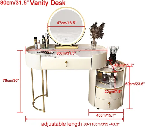 Vista 5 de Tocador para mujer, juego de mesa de maquillaje con 3 cajones, tocador con espejo iluminado y silla, bancos de tocador para ella