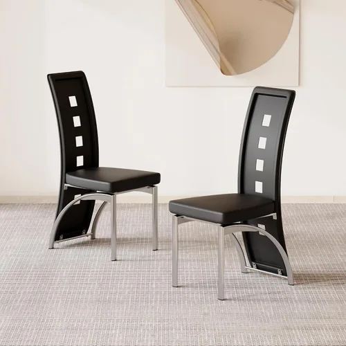 Vista 14 de Juego de 2 sillas de comedor modernas, juego de 2 sillas de comedor negras, sillas de cocina tapizadas de piel sintética con patas de metal dorado