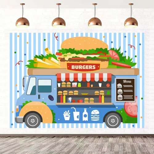 Vista 3 de Fondo de hamburguesa para camión de comida rápida, postre de tienda, hamburguesas, papas fritas, bebidas, fotografía, telón de fondo para niños