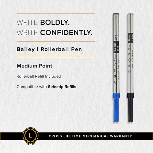 Vista 6 de Cross Bailey Bolígrafo Rollerball Recargable Presentado en una Caja de Regalo Premium - Punta Media, Tinta Negra, Negro
