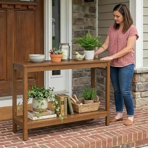 Vista 2 de DTY Outdoor Living Mesa consola de madera de eucalipto, dos estantes para exteriores, acabado marrón resistente a la intemperie