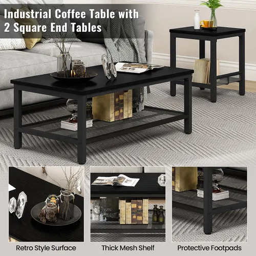 Vista 6 de Conjunto de 3 mesas de café AWQM, mesa de café industrial con 2 mesas auxiliares cuadradas, conjunto de mesas modernas para sala de estar