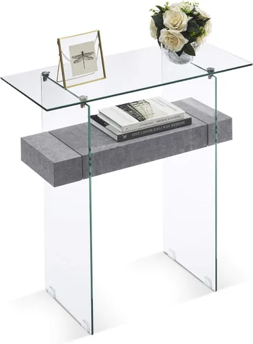 Vista 12 de ivinta Mesa consola de vidrio con almacenamiento, mesa de sofá moderna y estrecha de 31.5 pulgadas para espacios pequeños con estantes de madera
