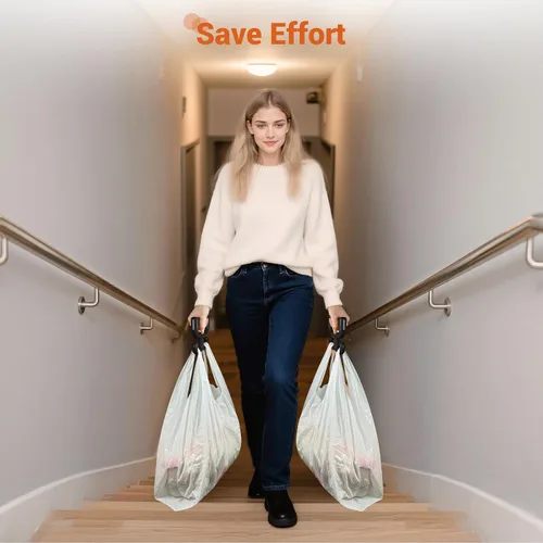 Vista 6 de Paquete de 2 bolsas de comestibles con asa para bolsas de plástico, cada una tiene capacidad para 100 libras, duradera, multiusos, resistente, Negro