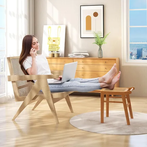 Vista 4 de CHARMAID Taburete de tocador, reposapiés otomano de bambú con asiento de ratán, almohadillas antideslizantes, banco de silla de tocador