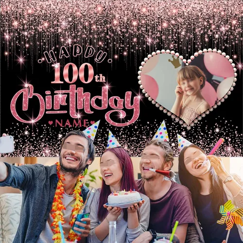 Vista 6 de Cartel personalizable de decoración de feliz cumpleaños número 100 de oro rosa - Personalización de fondo de fotos de gran tamaño - Admite fotos