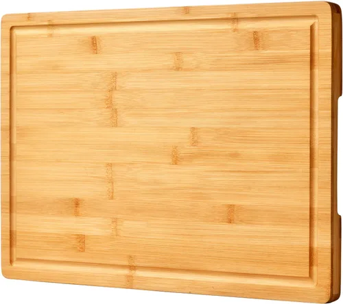 Vista 8 de Allsum Tablas de cortar de madera de bambú para cocina, bloque de carnicero extra grueso de 1 pulgada con ranuras para jugo y asas resistentes a