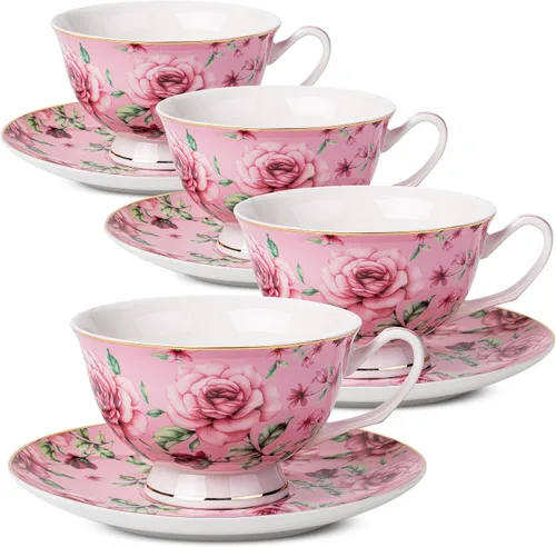 Vista 11 de BTaT- Tazas de té y platillos, diseño floral, juegos de tazas de té de porcelana, aptos para lavavajillas, juego de 4, 8 onzas