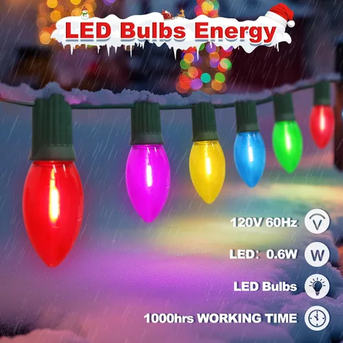 Vista 8 de USOKYO Luces LED C9 de 60 pies para caminos de Navidad al aire libre, 40 bombillas multicolor, impermeables, conectables, luces extralargas